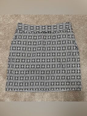 PURE Alfred Sung Mini Skirt Cotton Geometric Black White Zipper Pockets Preppy